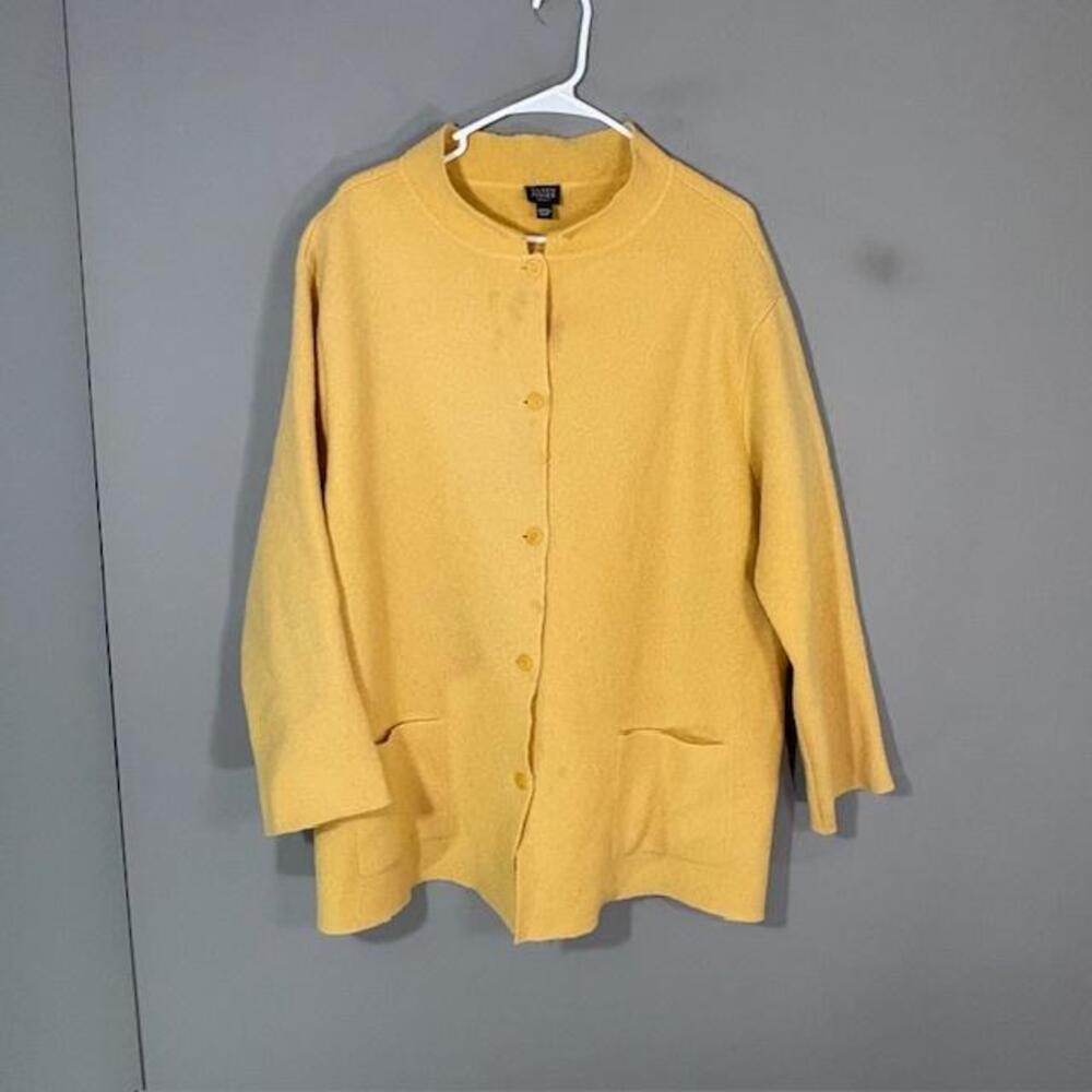 Eileen Fisher Cardigan Sweater Womens 2XP Yellow 100% Wool Round Neck Knit